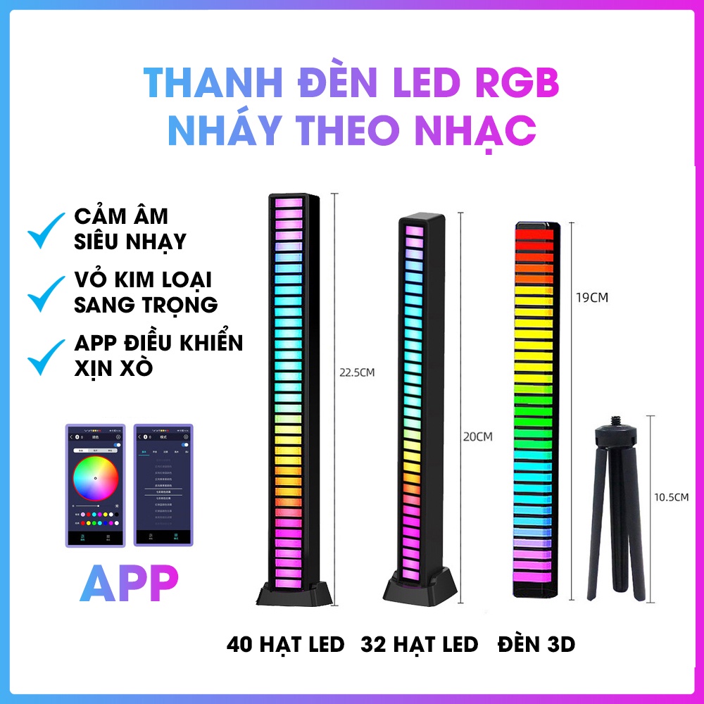 Thanh đèn LED RGB nháy theo nhạc, Đèn TikTok trang trí, decor 16 triệu màu cảm ứng âm thanh siêu nhạy