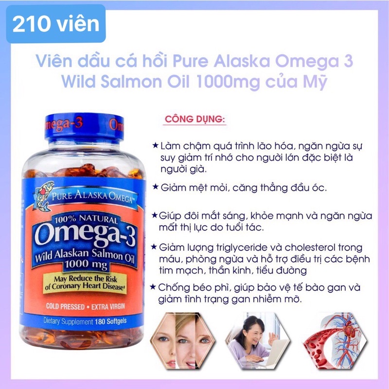 🐬🦖 Viên dầu cá hồi Pure Alaska Omega Wild Alaskan Salmon Oil Omega-3 1000mg 210 viên của Mỹ