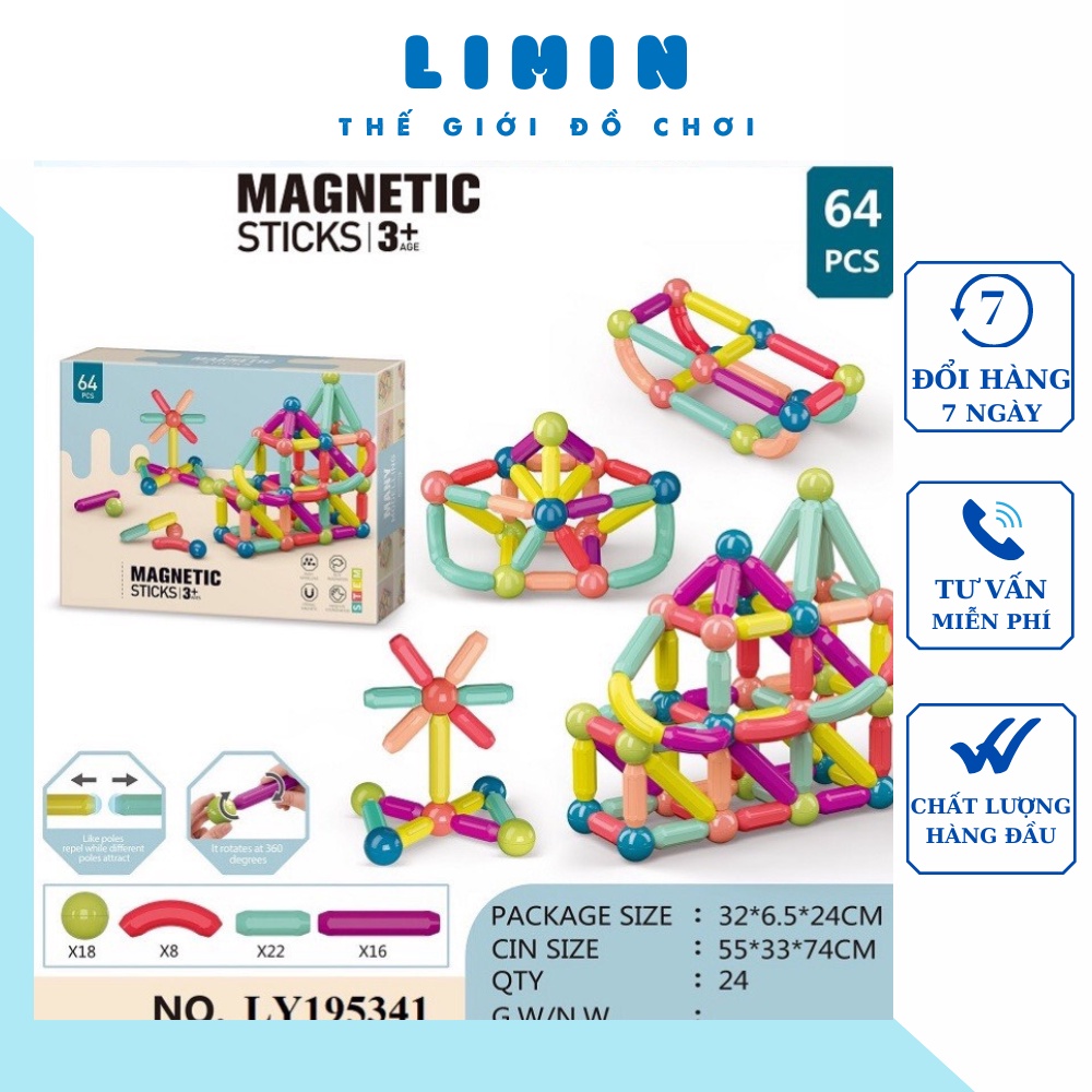Bộ đồ chơi xếp hình nam châm 64 PC, Xếp hình nam châm thông minh cho bé, chất liệu nhựa ABS bọc ngoài an toàn, siêu bền