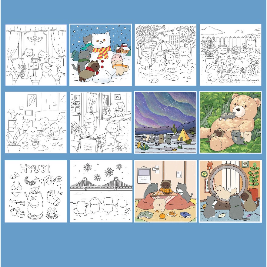 Bộ tranh tô màu nước " Nhũng chú mèo tinh nghich" combo 12 tranh giấy dầy đẹp