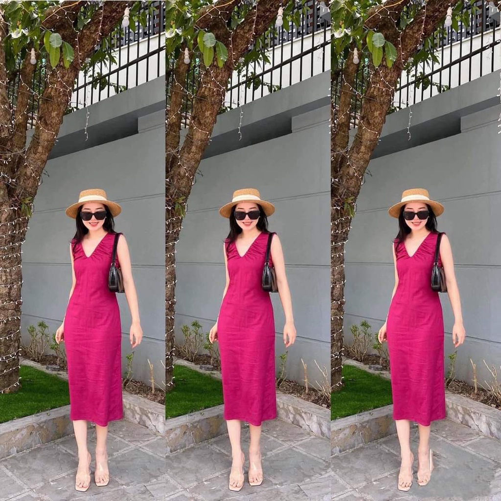 Đầm cổ V hồng cánh sen