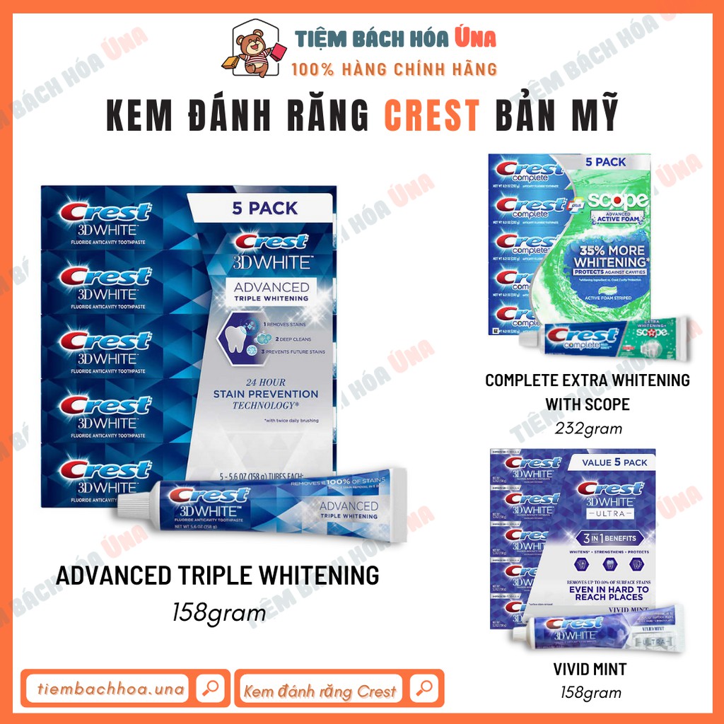 Kem đánh răng Crest 3D White ADVANCED TRIPLE WHITENING 158G