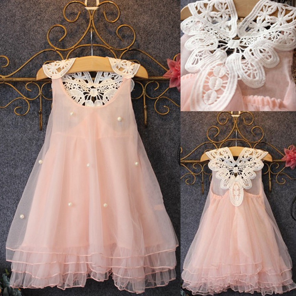 Dễ Thương Đầm Sát Nách Phối Ren Hoa Cho Bé Gái