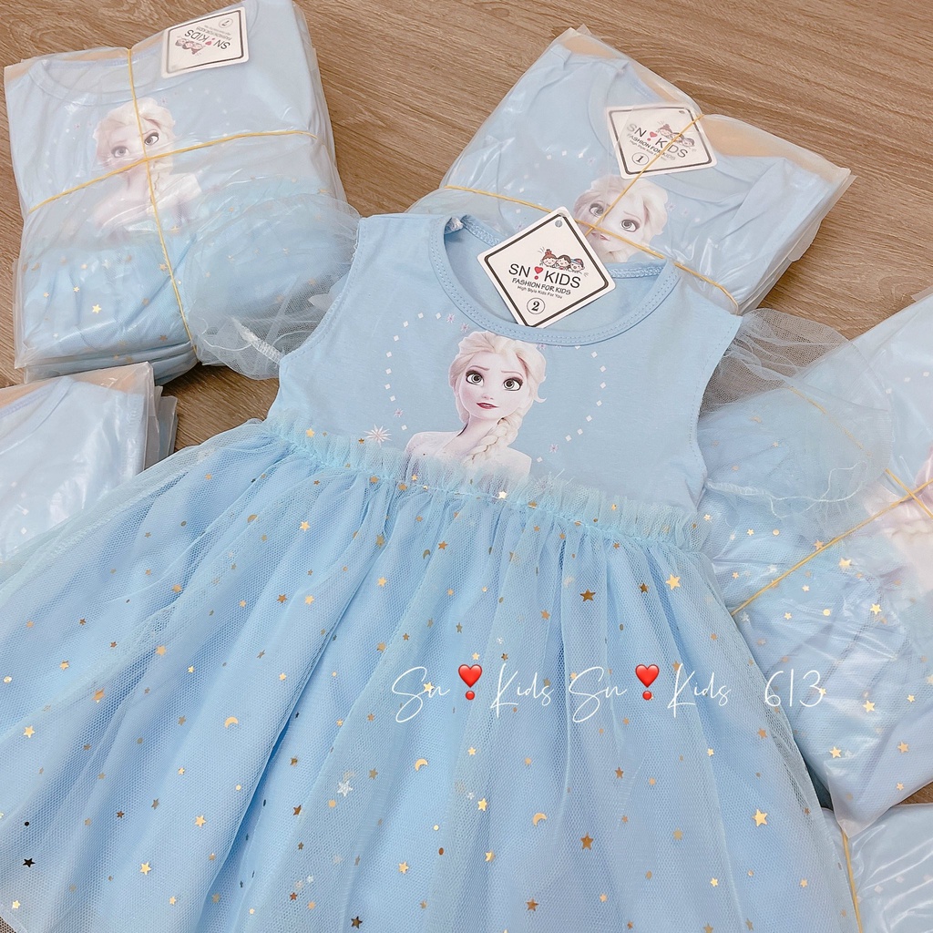 Váy Elsa hình 3d cotton 3 lớp phối ren mềm mịn