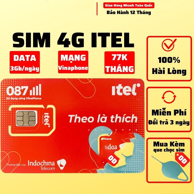 Sim Itelecom (sử dụng sóng vinaphone ) miễn phí 90GB chỉ với 77k/1 tháng