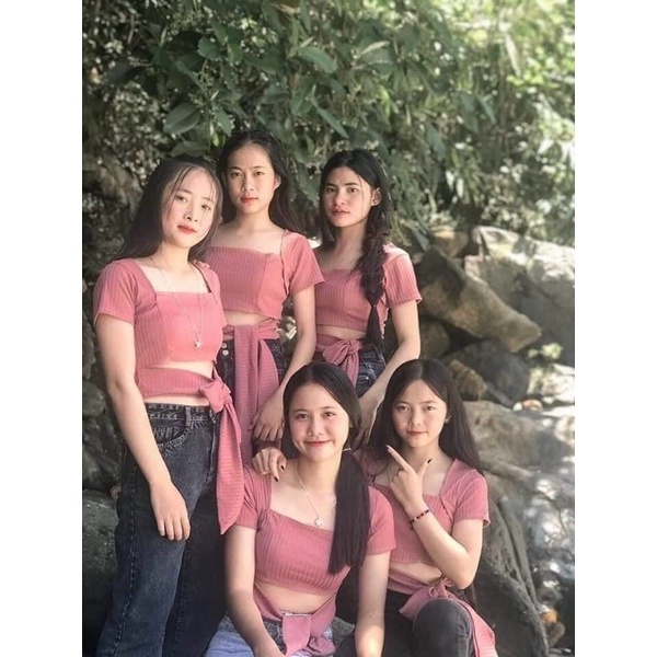 Áo croptop nữ kiểu cột dây eo (có mút lót ngực) chất vải thun gân len 4 chiều