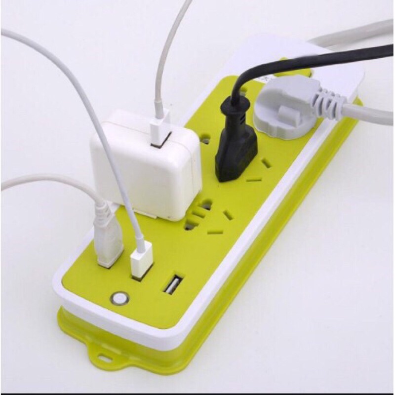 Ổ điện đa năng 3 cổng USB + 6 Ổ cắm, Ổ điện màu xanh lá nhỏ gọn tiện lợi
