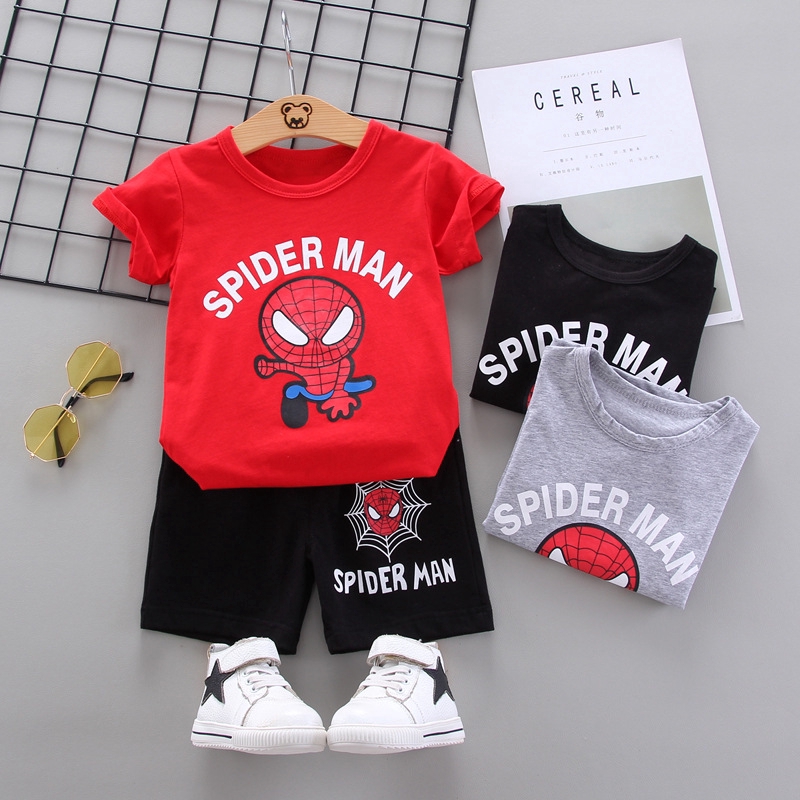Set 2 áo thun cotton tay ngắn cổ tròn in họa tiết hoạt hình Spiderman thời trang mùa hè cho bé trai