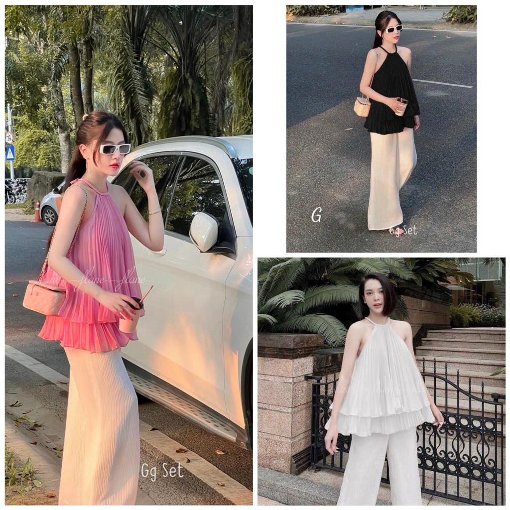 sét bộ dài suông áo dập ly cổ yếm hot