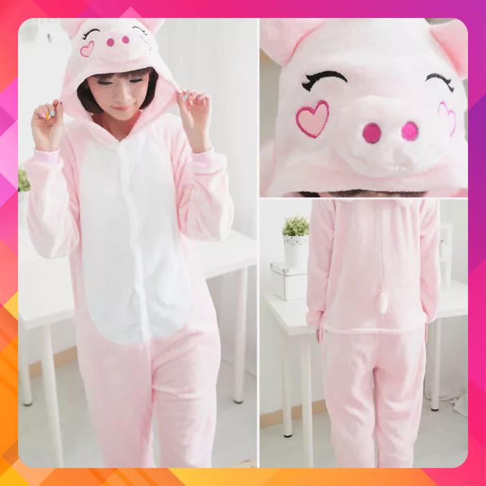 Bộ Đồ Thú Hình Heo Hồng, Đồ Ngủ Pijama Bông Liền Thân Cho Người Lớn