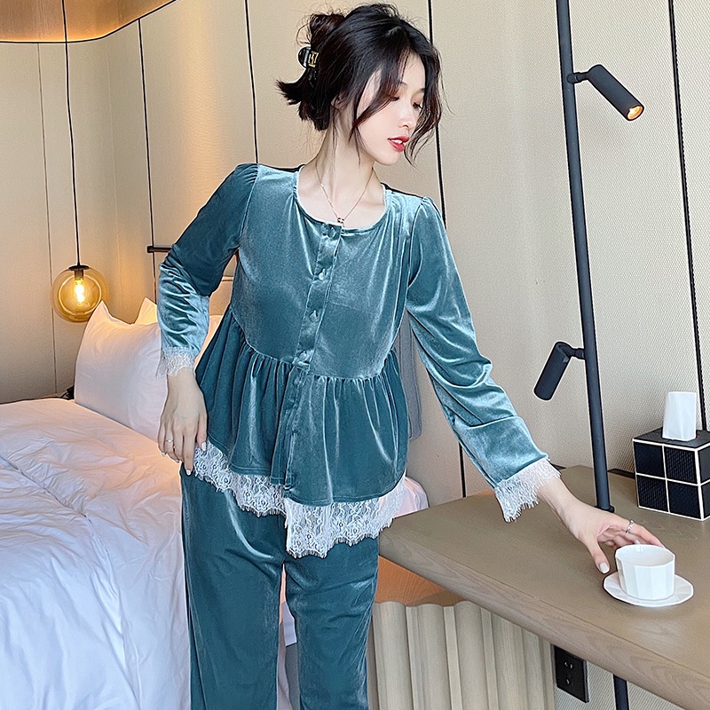 Bộ đồ ngủ tay dài bằng nhung phối ren đẹp mắt giữ ấm thời trang mùa thu