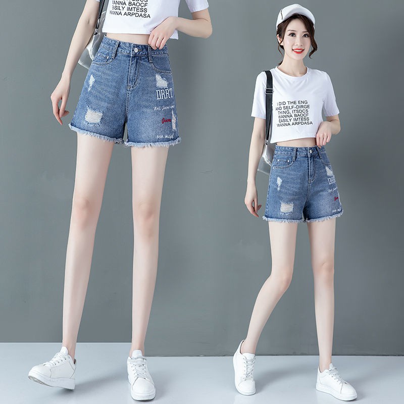 Quần jean✢Ripped quần short denim nữ kiểu mới hàn quốc ống rộng cạp cao rãi size lớn thêu thô cạnh hot