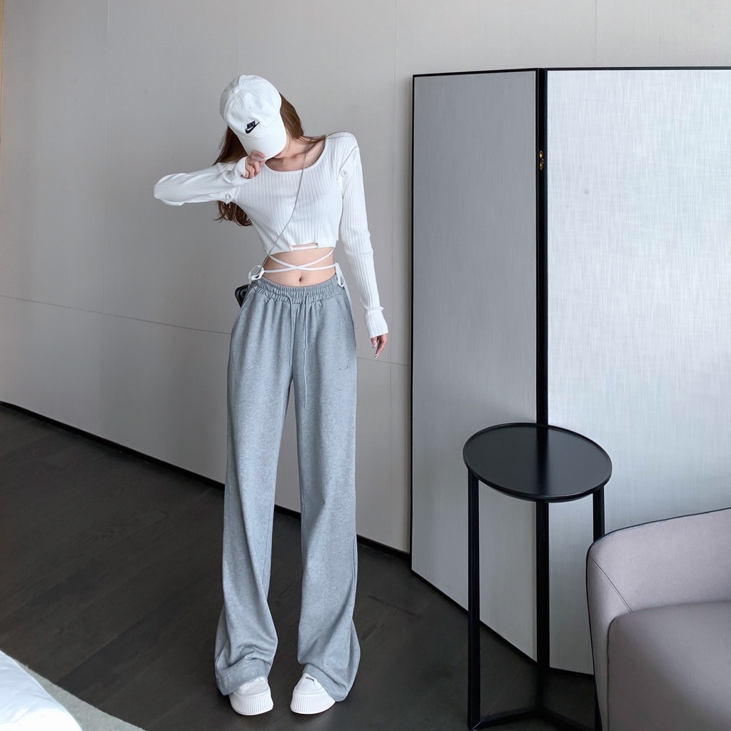 Set áo thun tay dài hở vai + quần dài lưng cao phối ren mềm mại phong cách Hàn Quốc cho nữ