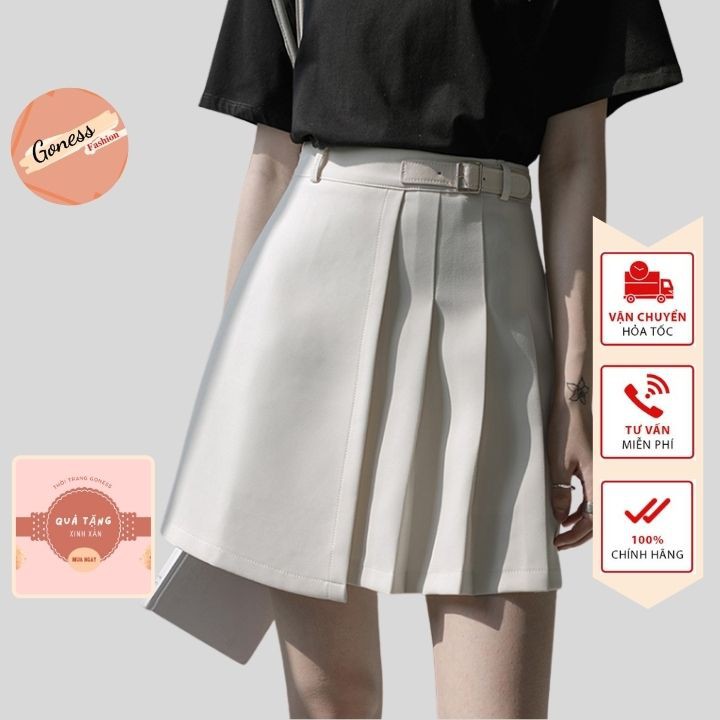 Chân váy ngắn Goness xếp ly nữ cạp cao có đai hai màu đen trắng phong cách Hàn Quốc