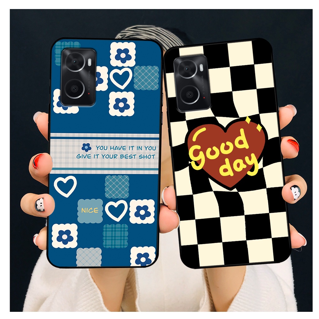 Ốp lưng Oppo A36 - Oppo A76 in hoạ tiết caro trái tim đen trắng, gấu bear cute đáng yêu