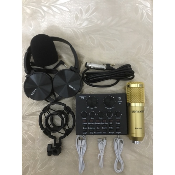 combo bộ mic thu âm livestream hát karaoke online micro woaichang bm900 card v8 bluetooth tặng tai n