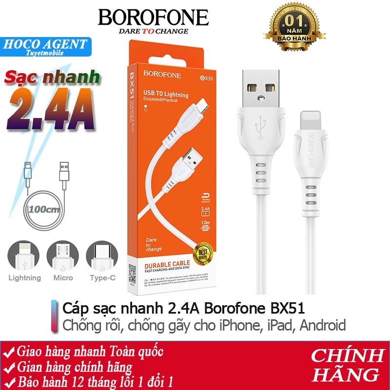 Cáp sạc nhanh 2.4A Borofone BX51 chống rối cho iPhone, Android, iPad, dây truyền tải dữ liệu dài 1m - Chính hãng
