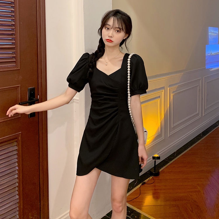 IELGY     Đầm Đen Ngắn Tay Thiết Kế Không Đồng Đều Thời Trang Theo Phong Cách Pháp Cho Nữ