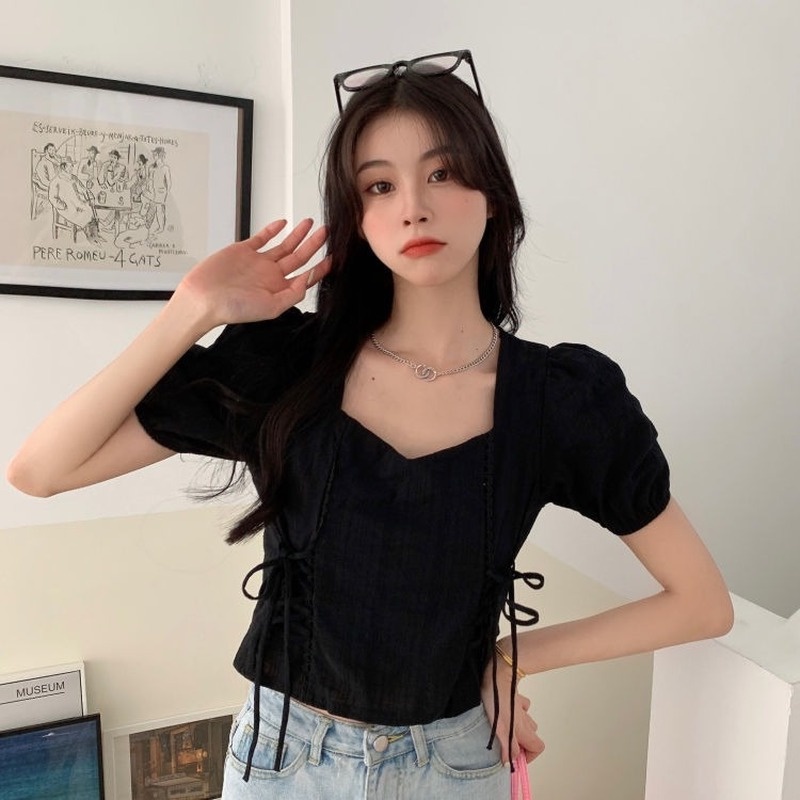 Áo Kiểu Cổ Vuông Tay Phồng Phối Dây Rút Phong Cách Pháp Thời Trang Mùa Hè Cho Nữ