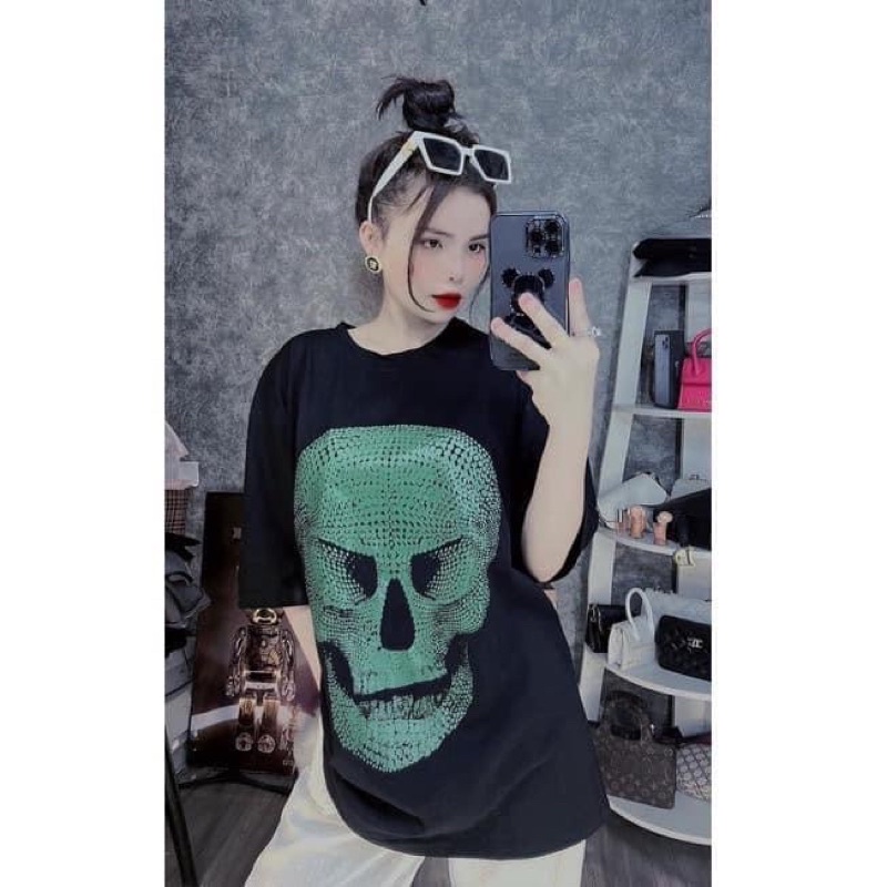 Áo Phông Nam Nữ Unisex Hình Đầu Lâu Xanh,Áo Thun Vintage 3158 Sọ Ma Ulzzang Hot