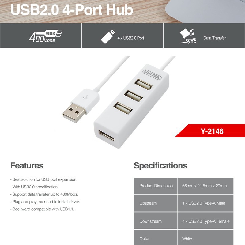 k89 Bộ HUB chia cổng USB 2.0 Unitek Y-2146 từ một ra 4 cổng USB - siêu gọn (Trắng) 1