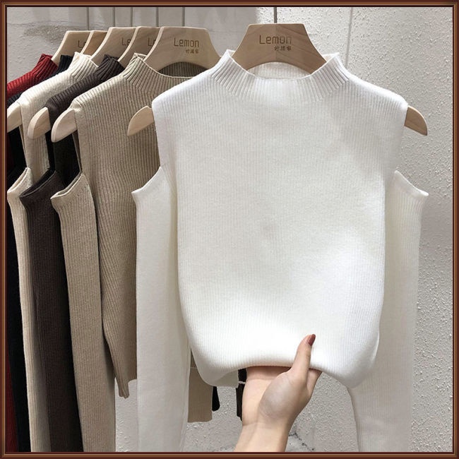 Áo Sweater Dệt Kim Tay Dài Hở Vai Màu Sắc Thanh Lịch Cho Nữ