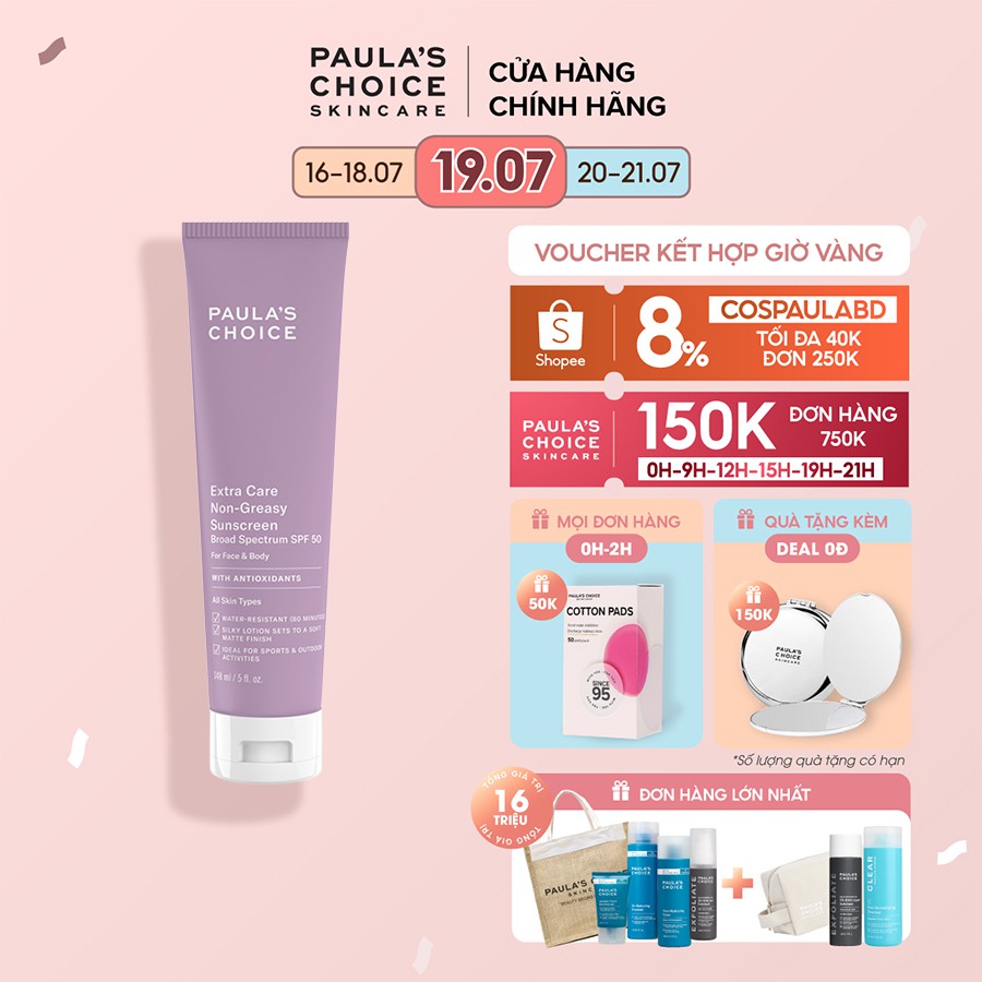 Kem chống nắng toàn thân chống thấm nước Paula's Choice Extra Care Non-Greasy Sunscreen Broad Spectrum SPF 50 148ml 2320