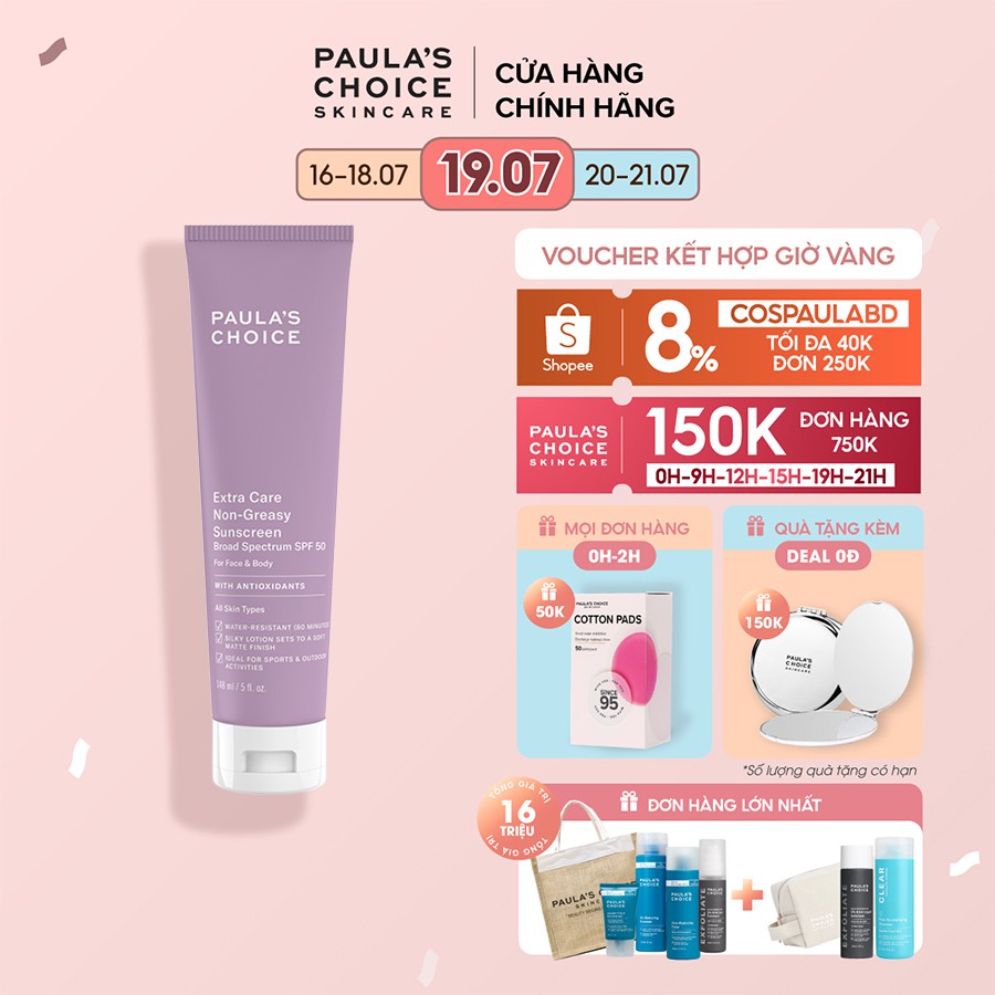 Kem chống nắng cơ thể chống thấm nước đến 8h Paula’s Choice Extra Care Non Greasy Sunscreen SPF 50 148ml 2320