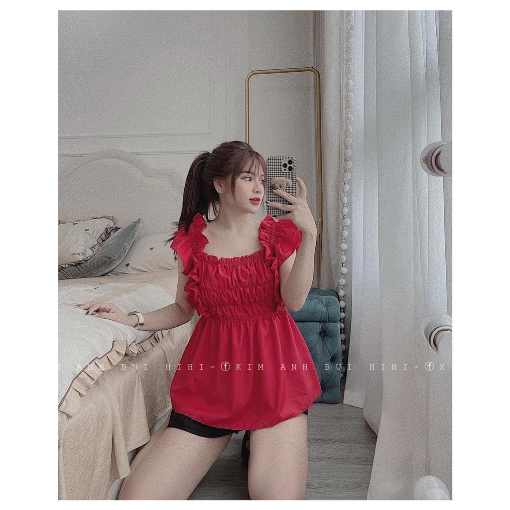SET NỮ ÁO ĐỎ TAY BÈO CHUN EO MIX SOOC GẤM