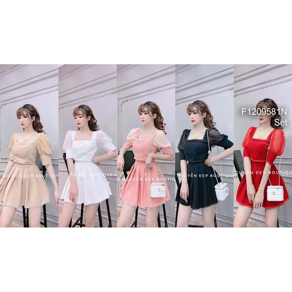 (kèm ảnh thật) Set phối viền ren áo croptop cổ vuông tay phồng phối voan bi nổi kèm chân váy ngắn xếp ly