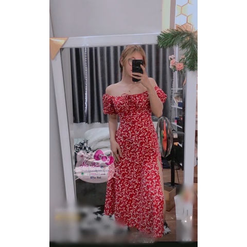 (Mẫu mới) đầm voan hoa đỏ xẻ tà 2 lớp, có mút ngực, free size eo dưới 75cm
