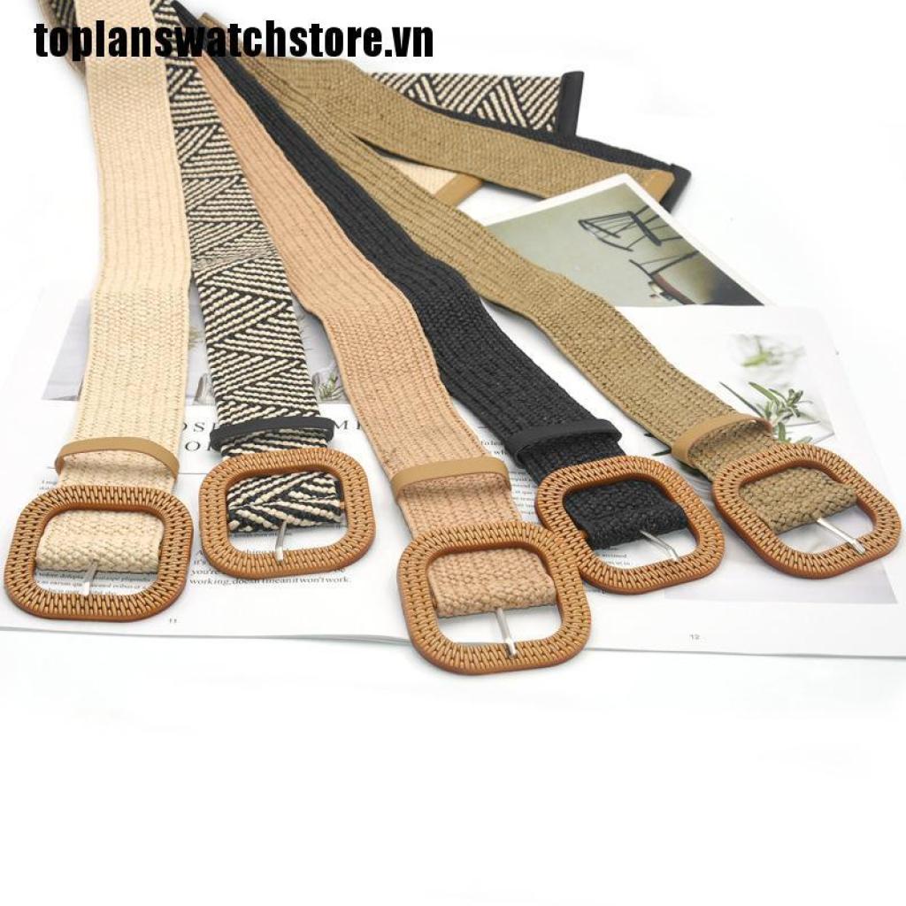 Thắt Lưng Đan Rơm Co Giãn Khóa Vuông Phong Cách Boho Cổ Điển Thời Trang Mùa Hè Cho Nữ
