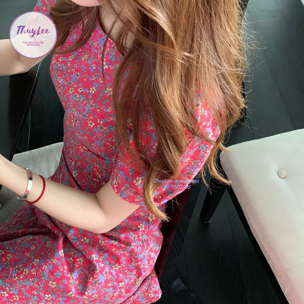 Váy hoa hồng -Đầm hoa nhí hồng đậm tay bồng tiểu thư Vintage cho nữ