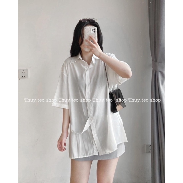 [Hàng sẵn] ÁO SƠ MI CỘC TAY CÀI CÚC LỆCH CHẤT LỤA MỀM