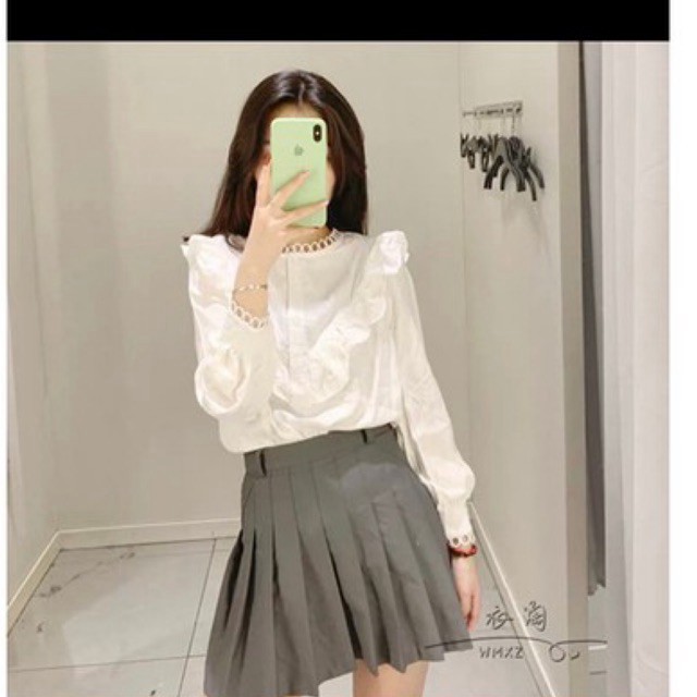 Áo sơ mi trắng cổ bèo phối ren  tay dài , áo sơ mi trắng cổ bèo  phối ren dài tay babydoll cổ vòng