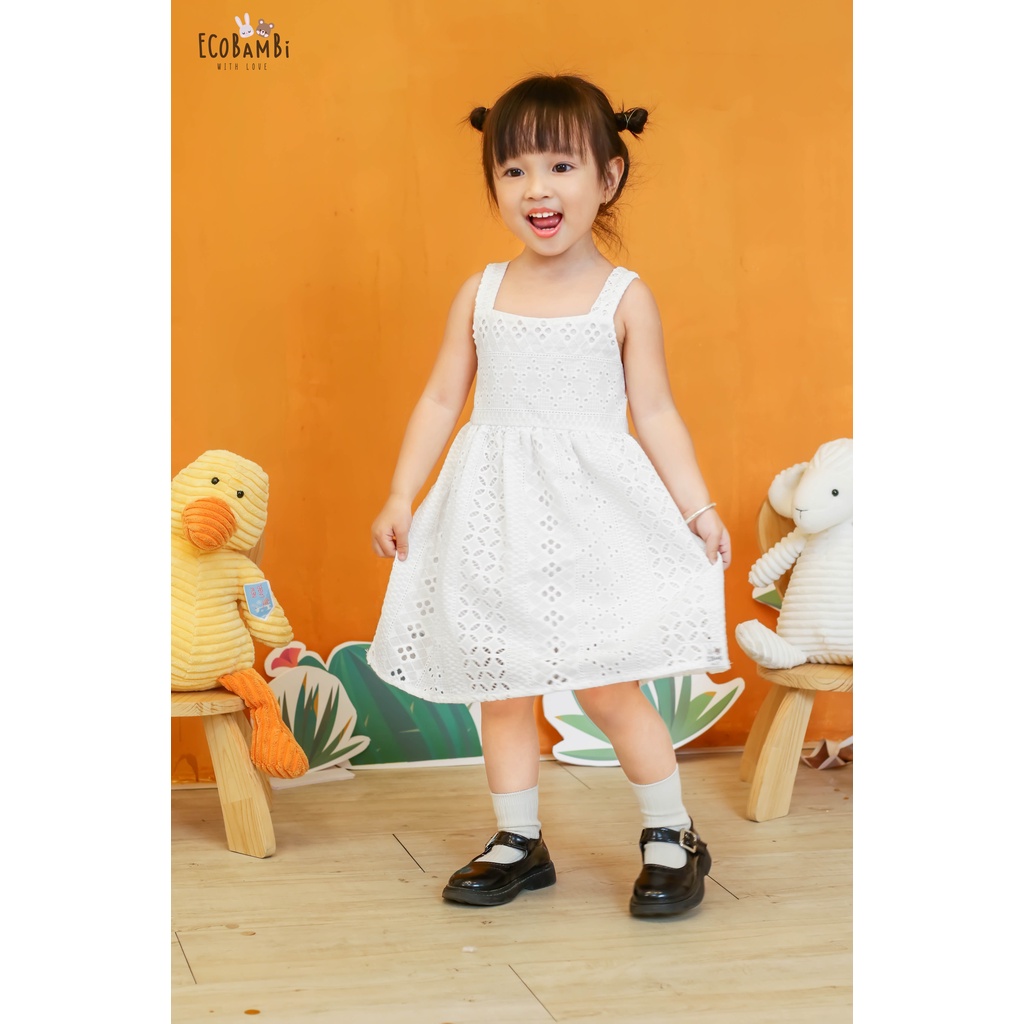 Đầm công chúa babydoll hai dây phối ren, màu trắng cotton thêu hoạ tiết dành cho bé gái - Ecobambi