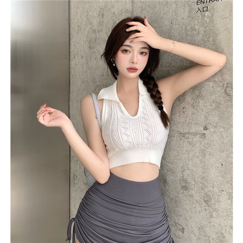 COZOK Áo dệt kim cổ polo hở lưng quyến rũ cho nữ