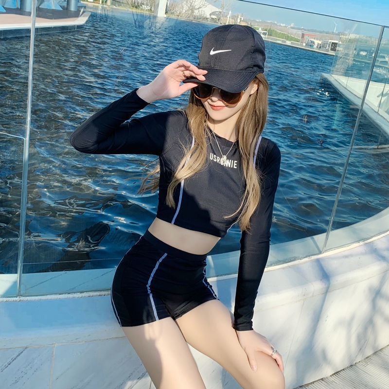 Bộ Đồ Bơi Thể Thao Tay Dài Quần Lưng Cao Ôm Dáng Phong Cách Hàn Quốc Thời Trang Cho Nữ