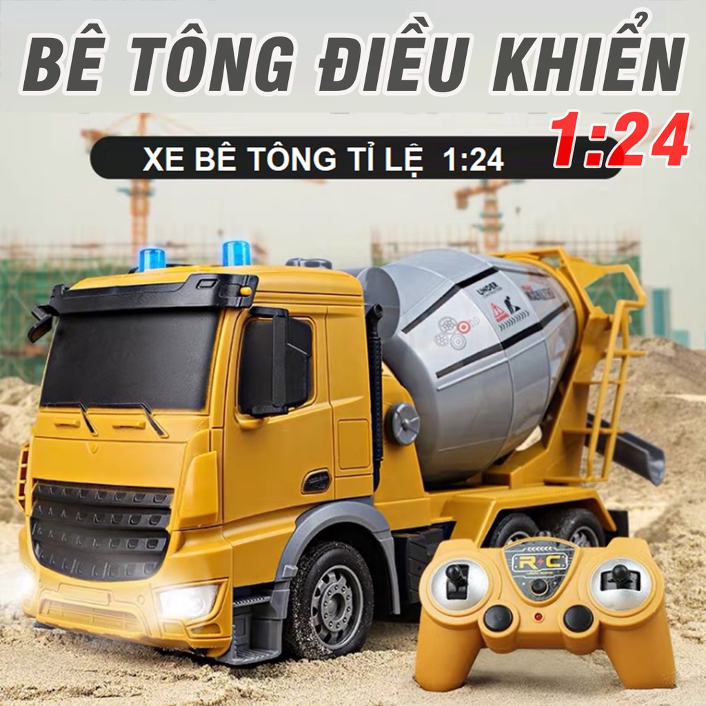 Đồ chơi trẻ em mô hình xe chở bê tông điều khiển từ xa có đèn nháy sáng