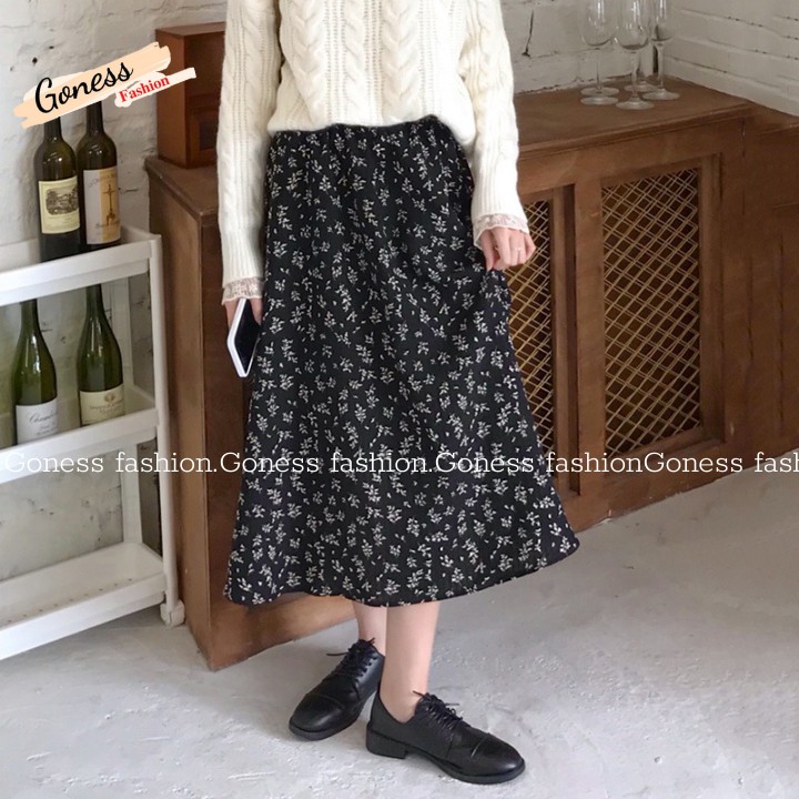 Chân váy dài lưng cao hoạ tiết hoa nhí vintage khoá sau thời trang cho nữ 205