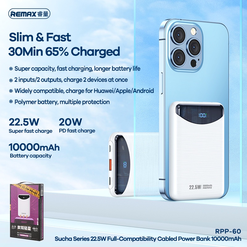 Pin dự phòng sạc nhanh Remax RPP-60 Ritry II Series 10000mAh siêu nhỏ gọn - hỗ trợ QC 22.5W và PD 20W (trắng) Nhất Tín