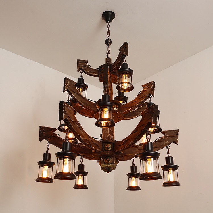 Đèn chùm gỗ thả trần hình mỏ neo tàu thủy phong cách Retro cổ điển trang trí nhà hàng resort,phòng ăn, quầy bar