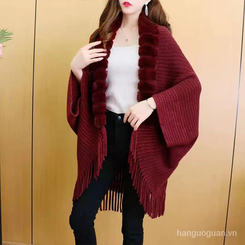 Áo khoác cardigan dệt kim dáng rộng cổ phối lông tua rua phong cách Hàn Quốc thời trang xuân thu cho nữ 2021New- U2A7