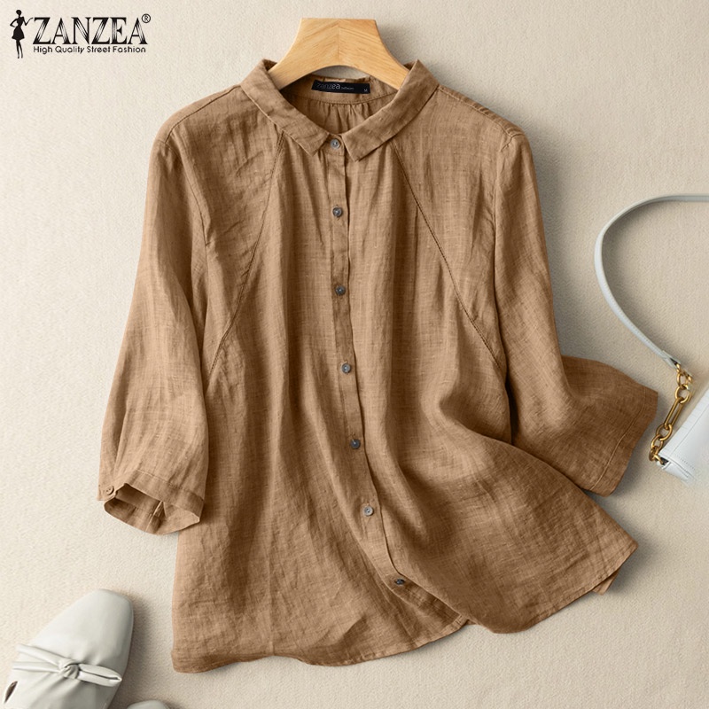 Áo kiểu ZANZEA tay lỡ cổ bẻ màu trơn thời trang dành cho nữ