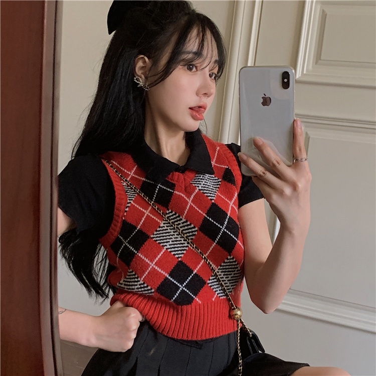 Áo dệt kim sát nách cổ chữ V đính đá phong cách retro cho nữ | BigBuy360 - bigbuy360.vn