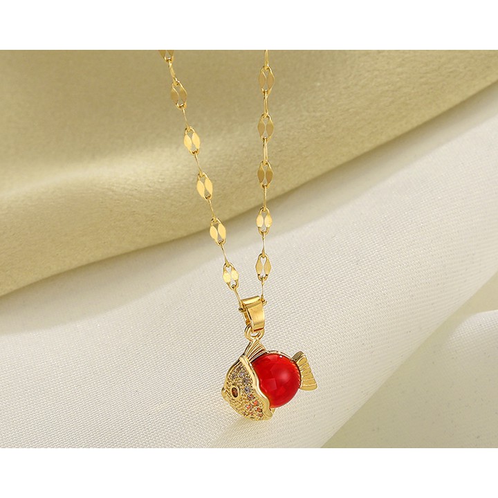 Dây chuyền nữ titan hình con cá đá đỏ siêu cute, bền màu, hợp thời trang