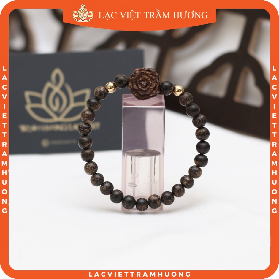 Vòng Tay Trầm Hương INDO Hạt 6MM Mix Hoa Hồng - Vòng Trầm Hương INDO Dó Dây Xịn VIP Cao Cấp Lạc Việt Trầm Hương