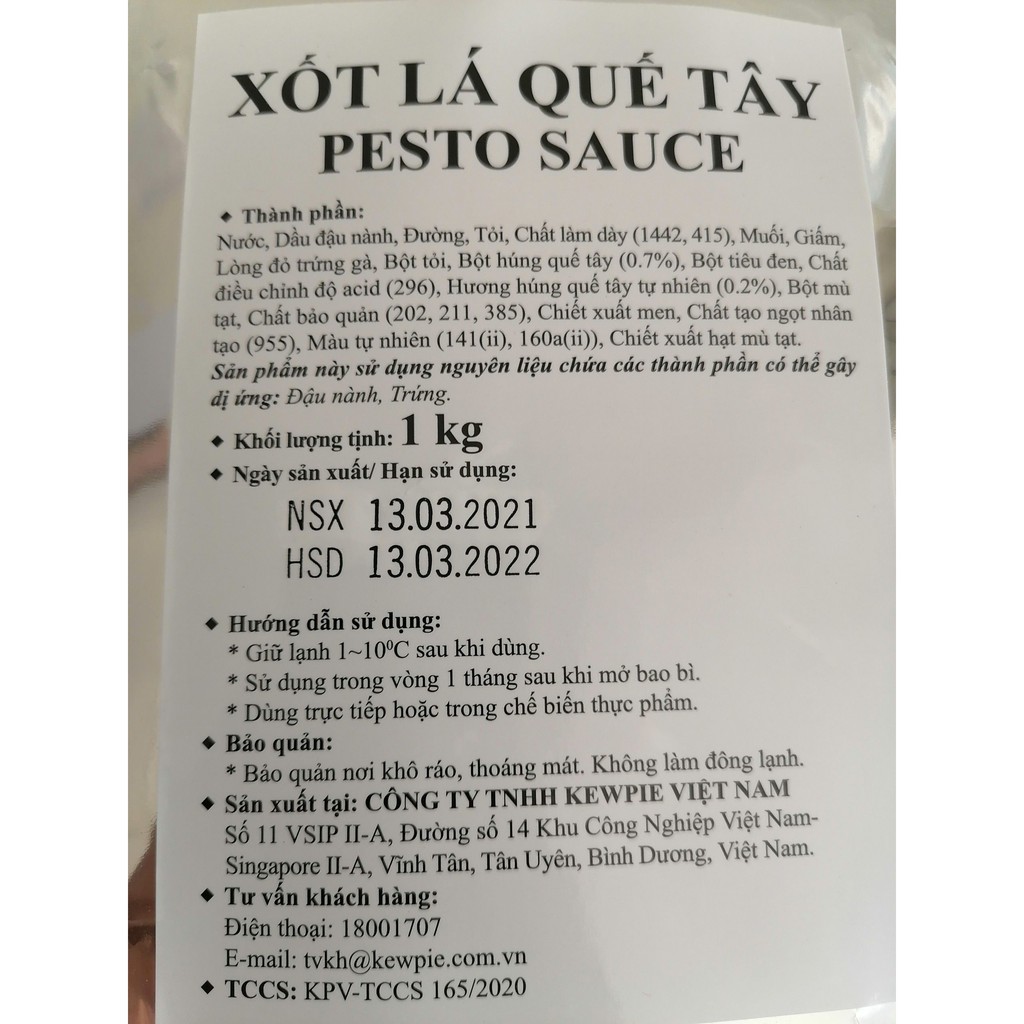 [GÓI LỚN 1 Kg - PESTO] XỐT MÌ Ý LÁ QUẾ TÂY [VN] KEWPIE Pesto Sauce