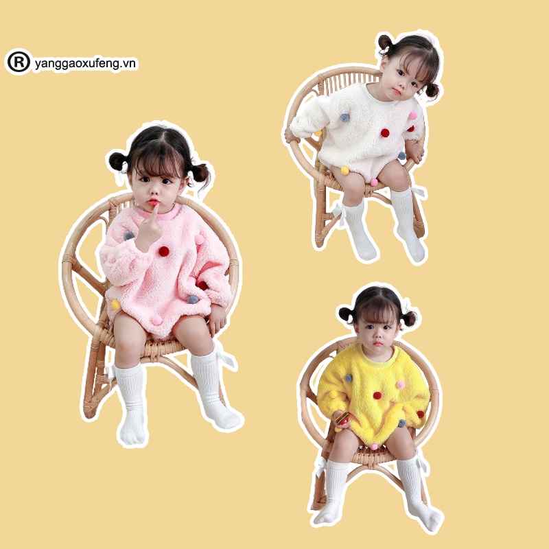 Bộ Áo Liền Quần Tay Dài Đính Bóng Lông Nhiều Màu Cho Bé Gái Sơ Sinh