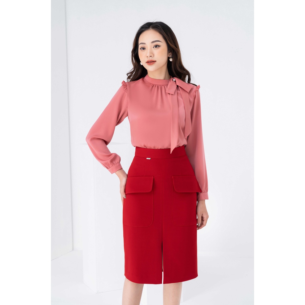 Áo sơ mi lụa cổ tàu phối nơ lệch Lamia Design SM048 SM046